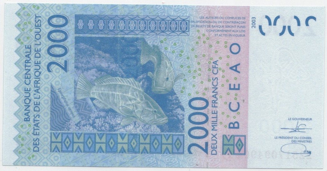 CODE 0047: BANCONOTA DA 2000 FRANCHI MALI CONDIZIONI UNC FDS DATA 2003