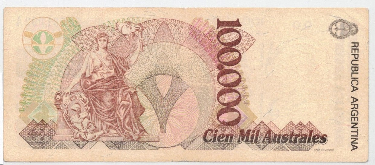 CODE 0009: BANCONOTA DA 100.000 AUSTRALES ARGENTINA CONDIZIONI VF BB DATA 1990