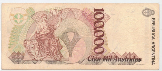CODE 0009: BANCONOTA DA 100.000 AUSTRALES ARGENTINA CONDIZIONI VF BB DATA 1990