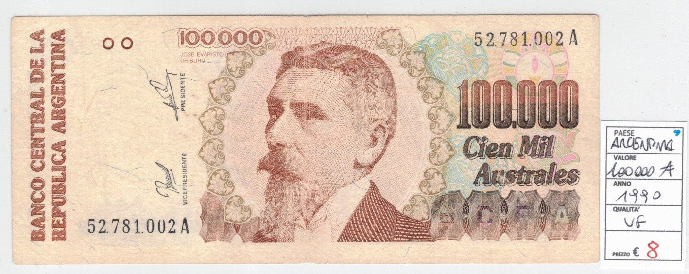 CODE 0009: BANCONOTA DA 100.000 AUSTRALES ARGENTINA CONDIZIONI VF BB DATA 1990