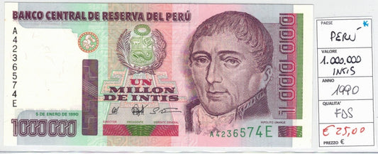 CODE 0016: BANCONOTA DA 1.000.000 INTIS PERU CONDIZIONI UNC FDS DATA 1990