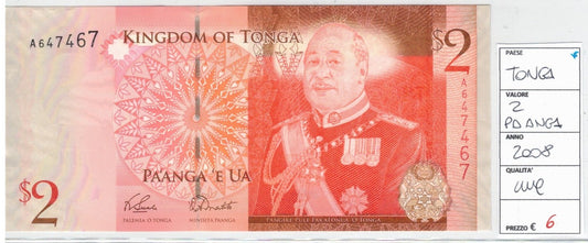 CODE 0020: BANCONOTA DA 2 DOLLARI TONGA CONDIZIONI UNC FDS DATA 2008