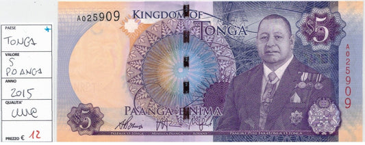 CODE 0023: BANCONOTA DA 5 DOLLARI TONGA CONDIZIONI UNC FDS DATA 2015