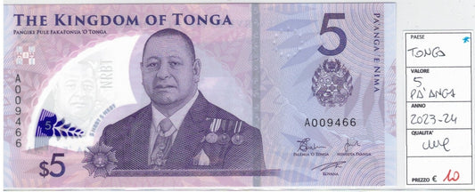 CODE 0025: BANCONOTA DA 5 DOLLARI TONGA CONDIZIONI UNC FDS DATAT 2023/2024