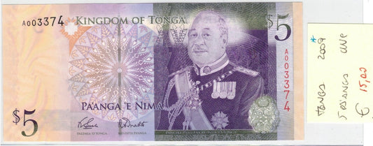 CODE 0026: BANCONOTA DA 5 DOLLARI TONGA CONDIZIONI UNC FDS DATA 2009