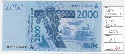 CODE 0045: BANCONOTA DA 2000 FRANCHI COSTA D'AVORIO CONDIZIONI UNC FDS DATA 2003
