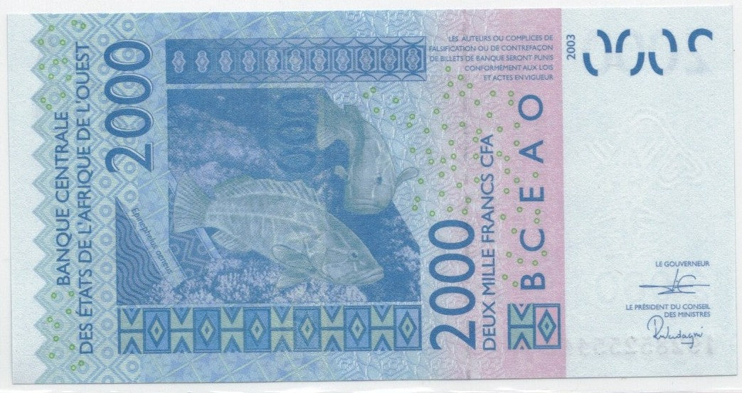 CODE 0045: BANCONOTA DA 2000 FRANCHI COSTA D'AVORIO CONDIZIONI UNC FDS DATA 2003