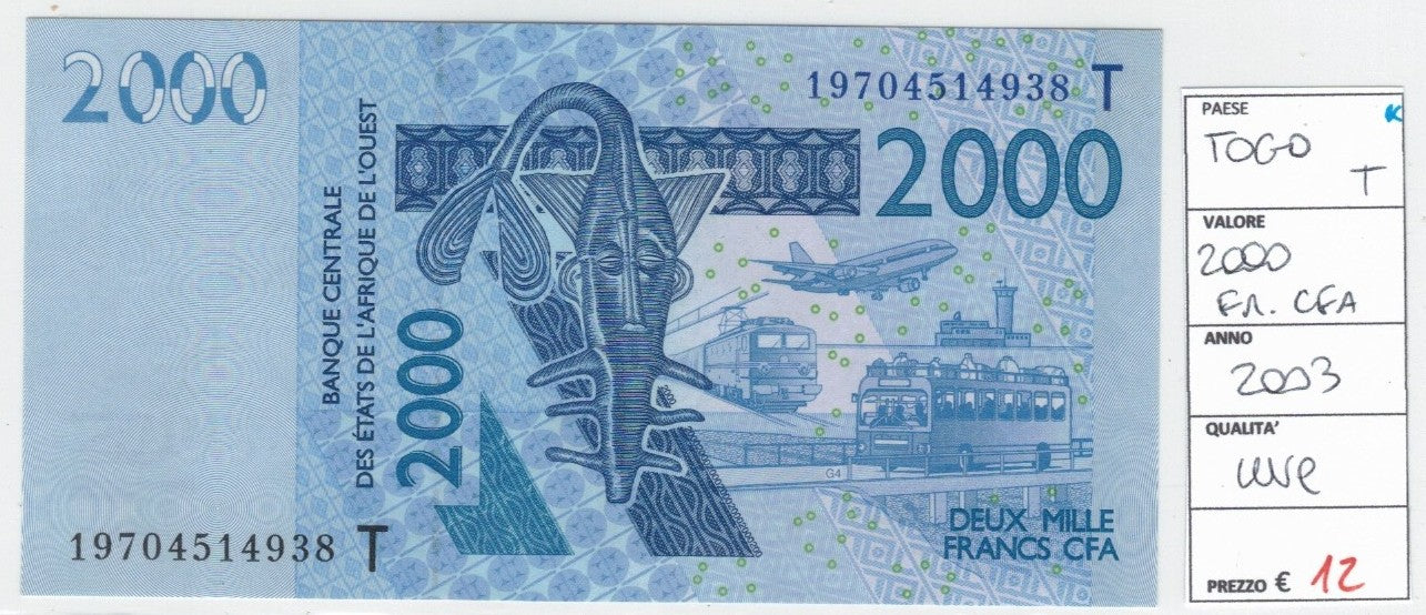 CODE 0046: BANCONOTA DA 2000 FRANCHI TOGO CONDIZIONI UNC FDS DATA 2003