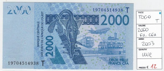 CODE 0046: BANCONOTA DA 2000 FRANCHI TOGO CONDIZIONI UNC FDS DATA 2003