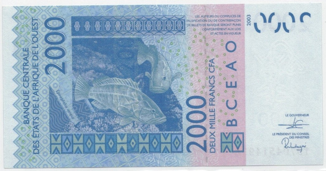 CODE 0046: BANCONOTA DA 2000 FRANCHI TOGO CONDIZIONI UNC FDS DATA 2003