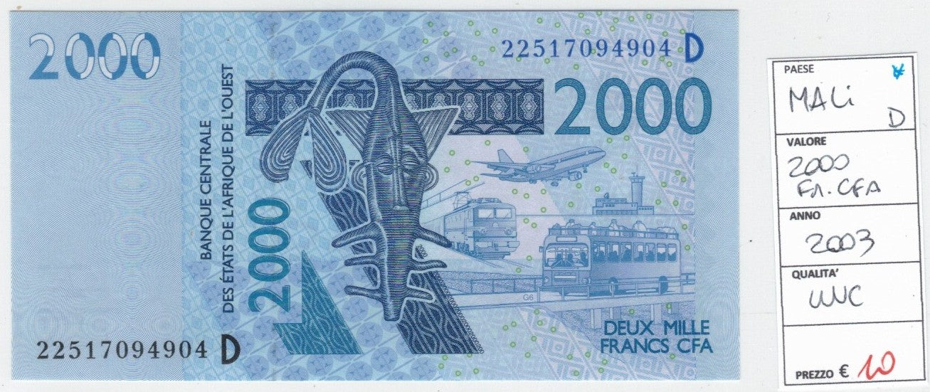 CODE 0047: BANCONOTA DA 2000 FRANCHI MALI CONDIZIONI UNC FDS DATA 2003