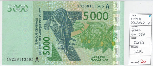 CODE 0048: BANCONOTA DA 5000 FRANCHI COSTA D'AVORIO CONDIZIONI UNC FDS DATA 2003