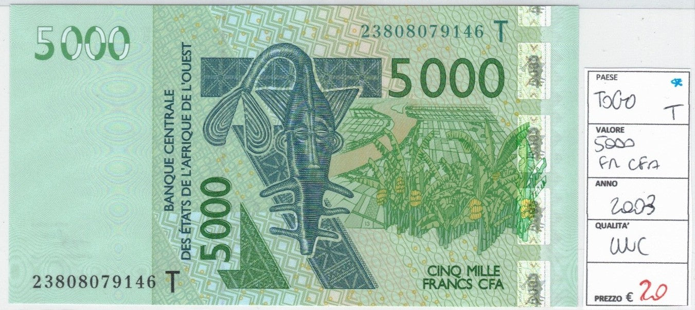 CODE 0049: BANCONOTA DA 5000 FRANCHI TOGO CONDIZIONI UNC FDS DATA 2003