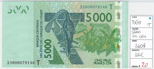 CODE 0049: BANCONOTA DA 5000 FRANCHI TOGO CONDIZIONI UNC FDS DATA 2003