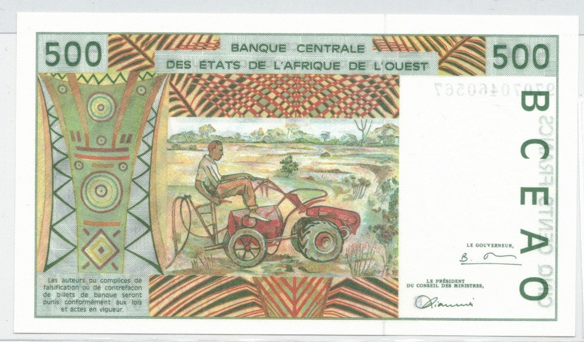 CODE 0054: BANCONOTA DA 500 FRANCHI BENIN CONDIZIONI UNC FDS DATA 1997