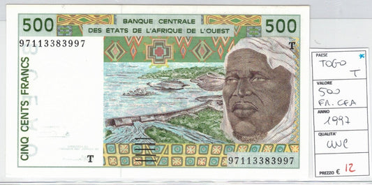 CODE 0055: BANCONOTA DA 500 FRANCHI TONGO CONDIZIONI UNC FDS DATA 1997