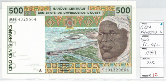 CODE 0056: BANCONOTA DA 500 FRANCHI COSTA D'AVORIO CONDIZIONI UNC FDS DATA 1997