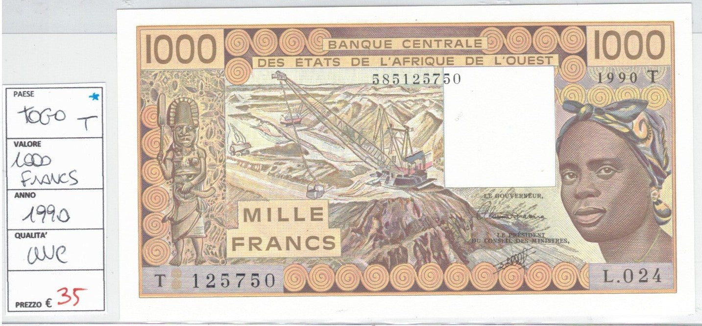 CODE 0058: BANCONOTA DA 1000 FRANCHI TOGO CONDIZIONI UNC FDS DATA 1990