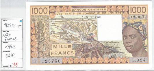 CODE 0058: BANCONOTA DA 1000 FRANCHI TOGO CONDIZIONI UNC FDS DATA 1990